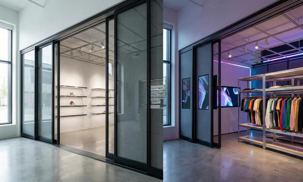 Modern modular retail store interior with movable walls, flexible fixtures and digital displays, representing the rise of agile retail design in 2025