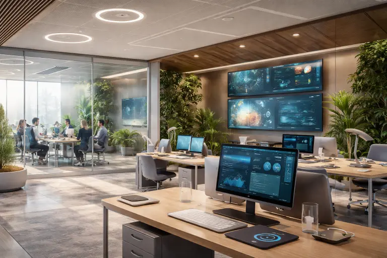 AI and IoT in commercial interiors smart office design with intelligent lighting, sensors, and modern workspace technology